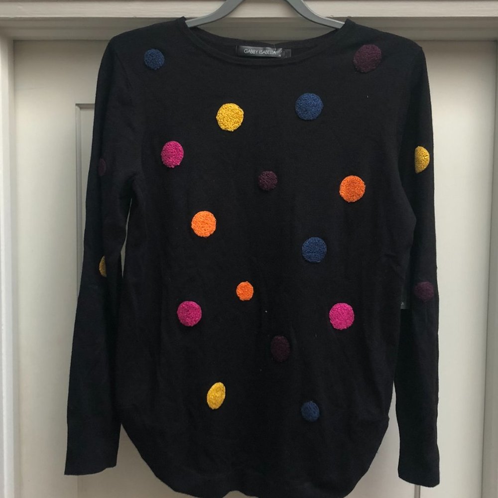 NWT Gabby Isabella XS Black Top with Colourful PomPoms